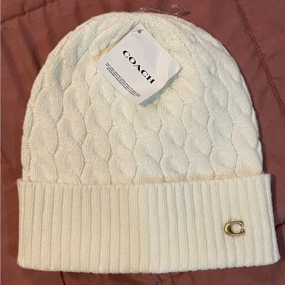 Coach White Knit Beanie with Gold Logo - Picture 10 of 16